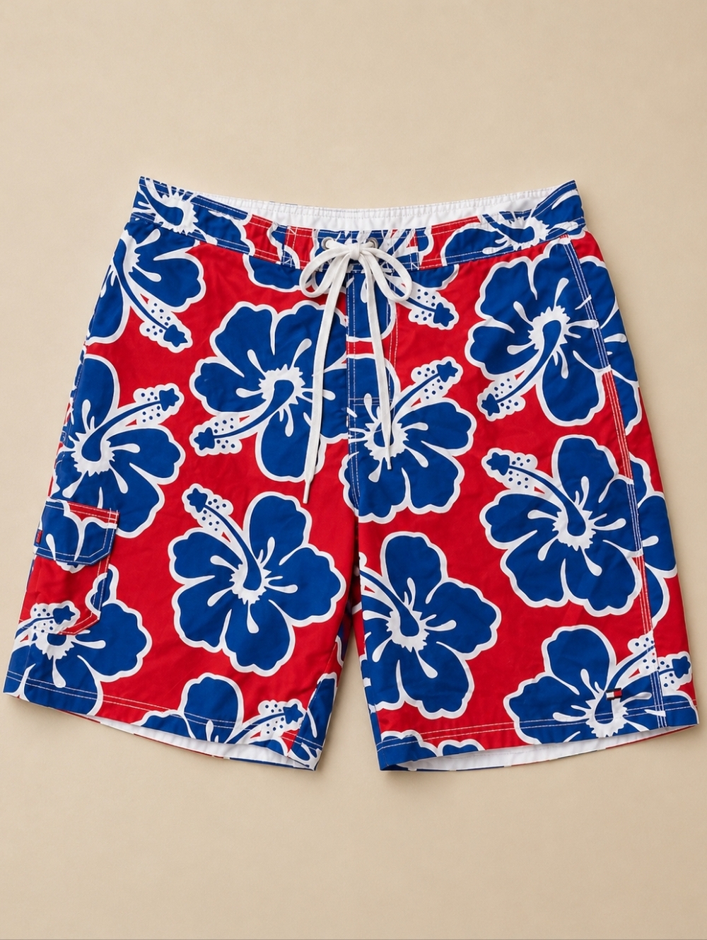 Tommy Hilfiger Men's Hibiscus Floral Board Shorts Red Blue XL Tropical Hawaiian